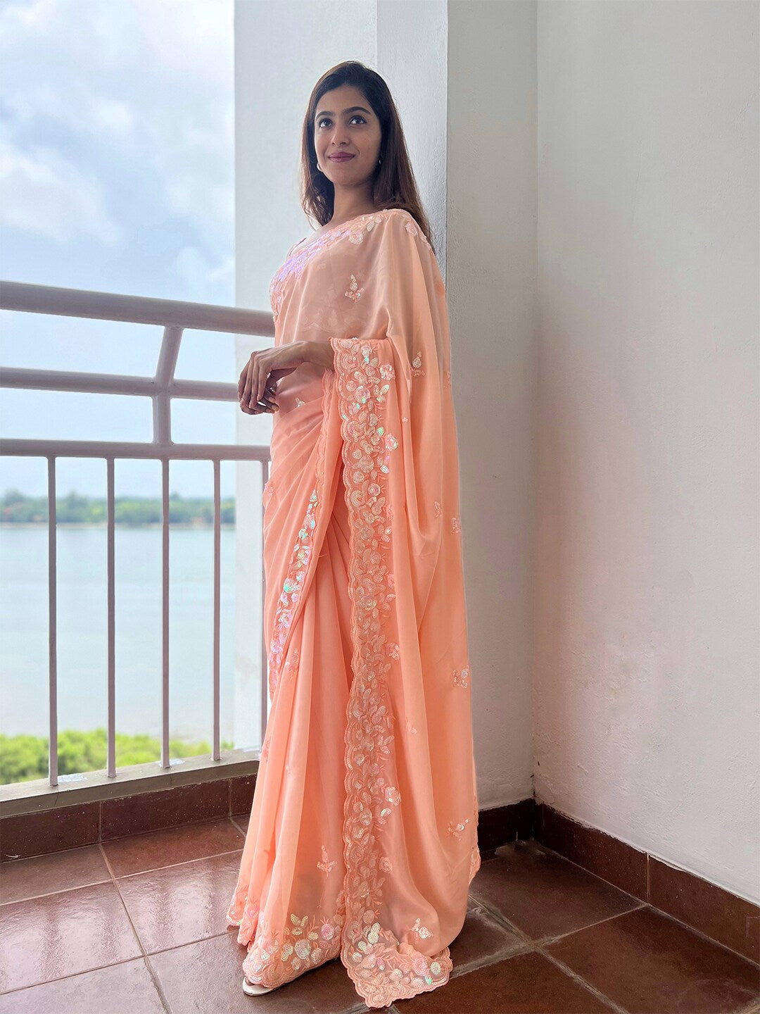 Mitera Peach-Coloured Sequinned Embellished Saree - Distacart