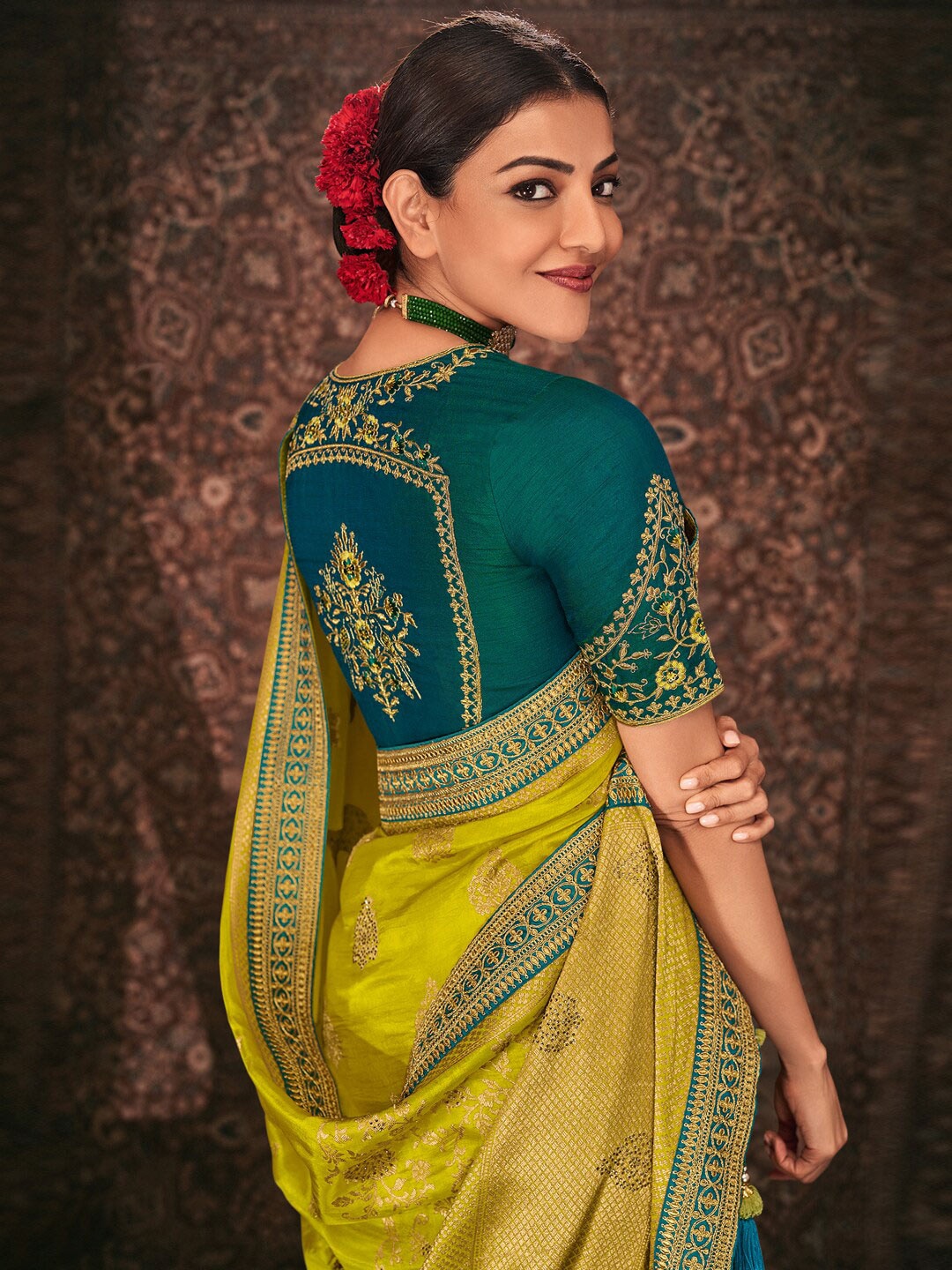 Mitera Lime Green Floral Woven Design Embroidered Silk Blend Saree - Distacart