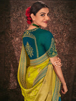 Thumbnail for Mitera Lime Green Floral Woven Design Embroidered Silk Blend Saree - Distacart