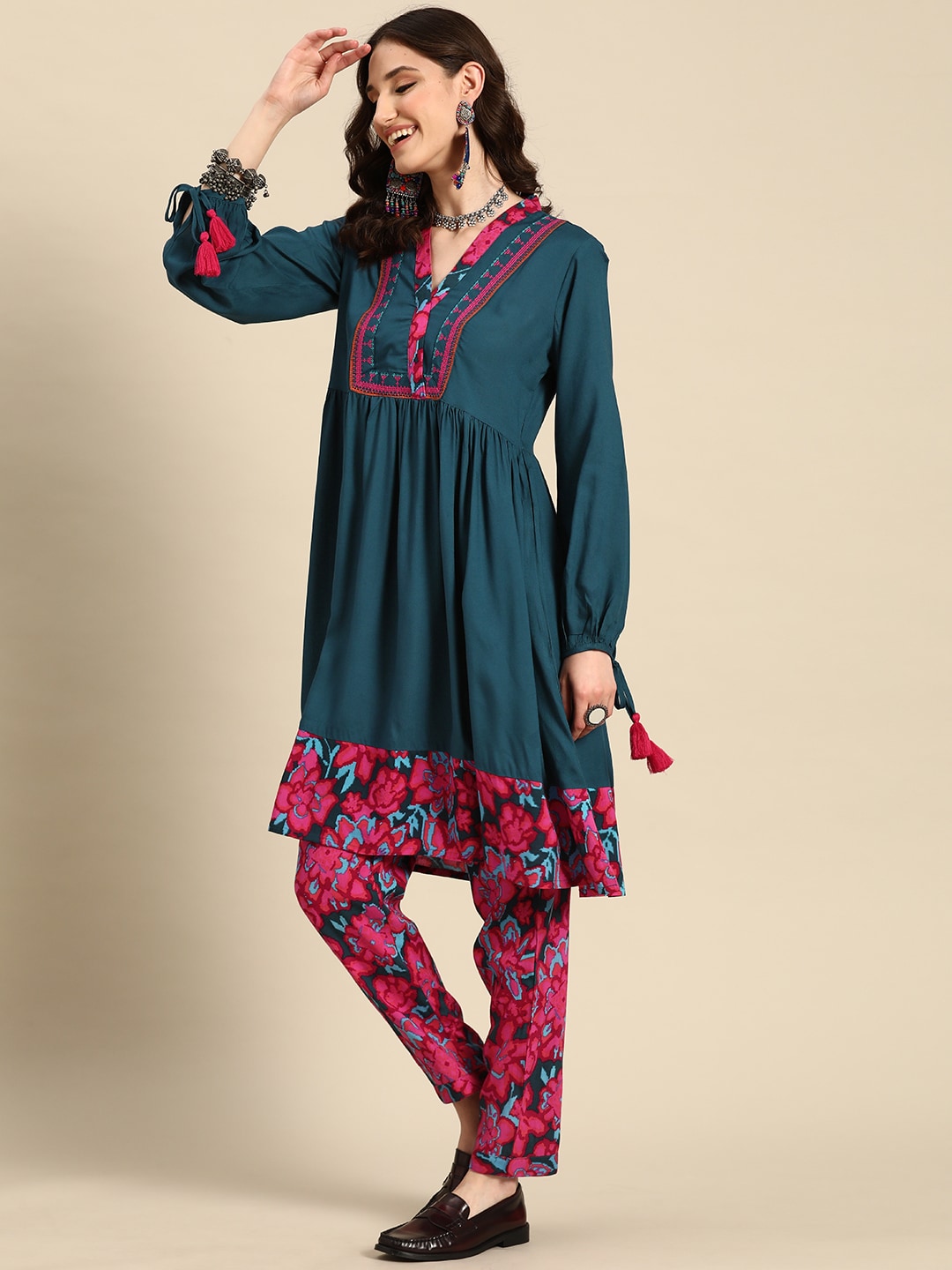 Sangria Women Floral Printed Gathered A-Line Kurta with Trousers - Distacart