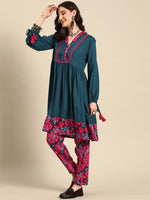 Thumbnail for Sangria Women Floral Printed Gathered A-Line Kurta with Trousers - Distacart