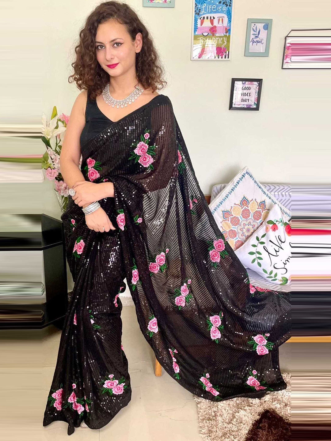 Mitera Black & Pink Floral Embroidered Sequinned Saree - Distacart