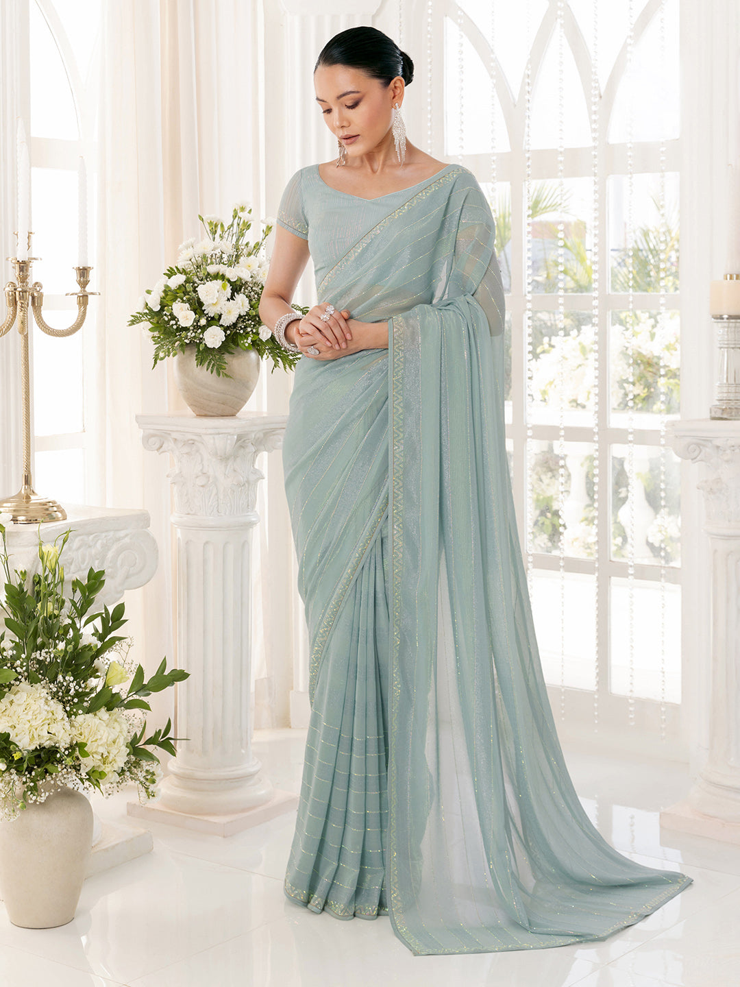 Soch Striped Embellished Pure Chiffon Saree - Distacart