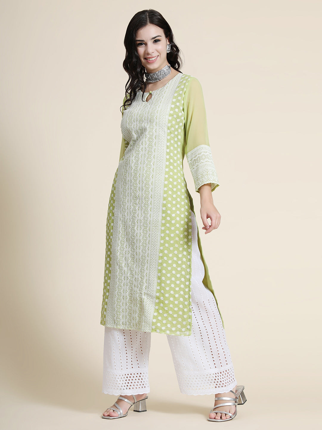 Kalini Women Green Geometric Embroidered Keyhole Neck Thread Work Floral Georgette Kurta - Distacart