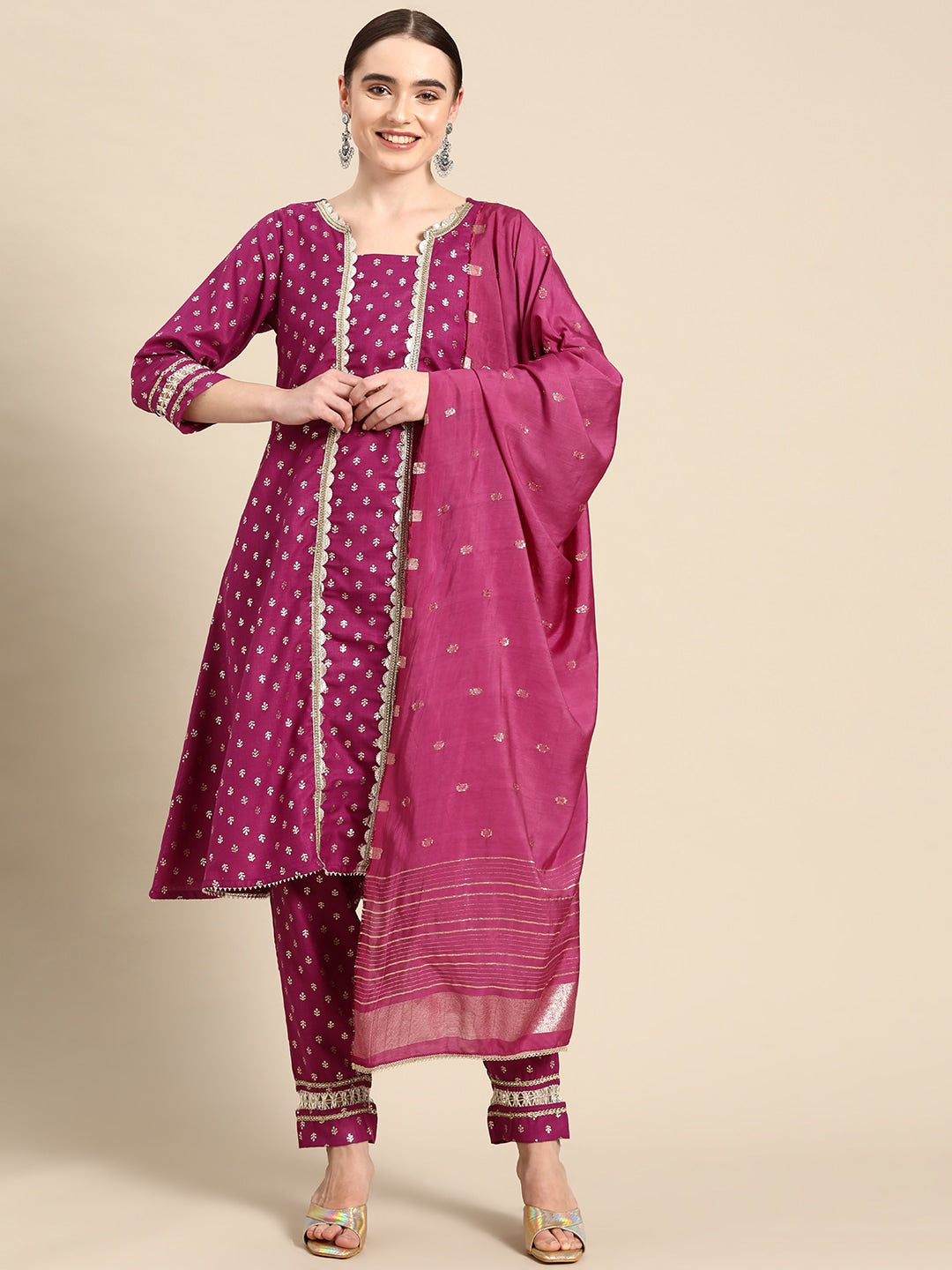Sangria Ethnic Motifs Printed Gotta Patti Pure Cotton Kurta with Trousers & Dupatta - Distacart