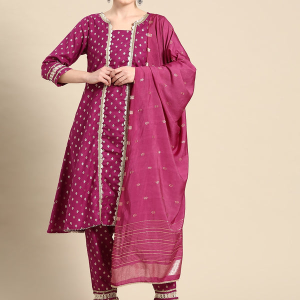 Sangria Ethnic Motifs Printed Gotta Patti Pure Cotton Kurta with Trousers & Dupatta - Distacart