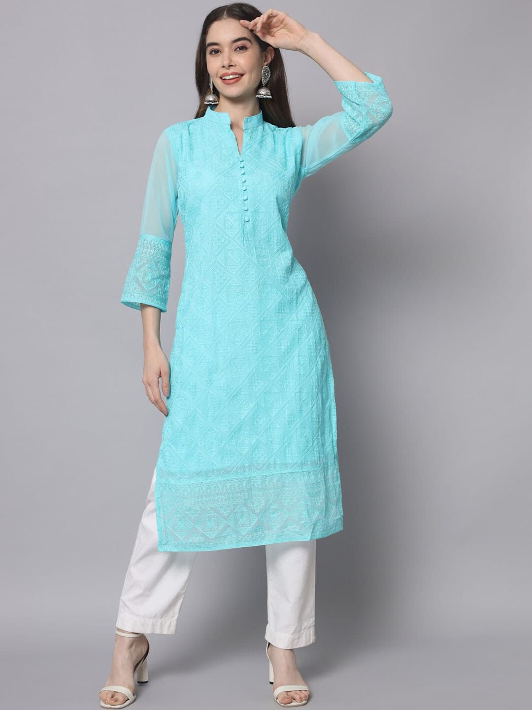 HERE&NOW Women Blue Ethnic Motifs Embroidered Thread Work Georgette Kurta - Distacart