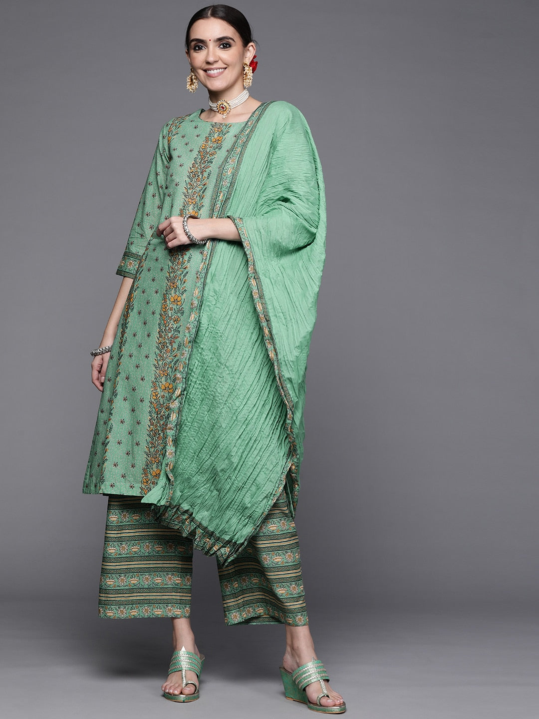 Biba Women Green Ethnic Motifs Printed Pure Cotton Kurta with Palazzos & With Dupatta - Distacart