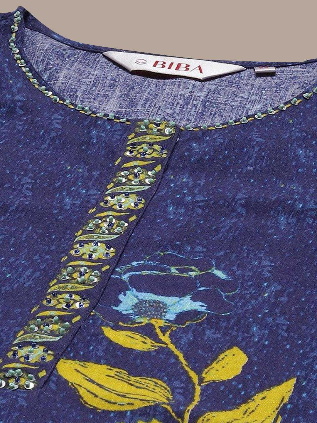 Biba Floral Printed Thread Work Beads Detail A-Line Asymmetric Kurta - Distacart