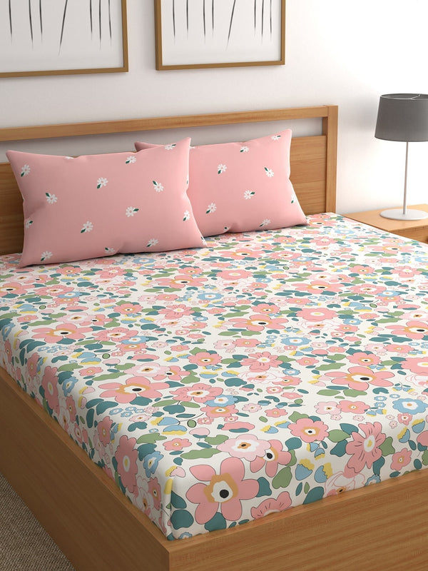 CHHAVI INDIA White & Pink Floral Ultra Soft 210 TC King Bedsheet with 2 Pillow Covers - Distacart