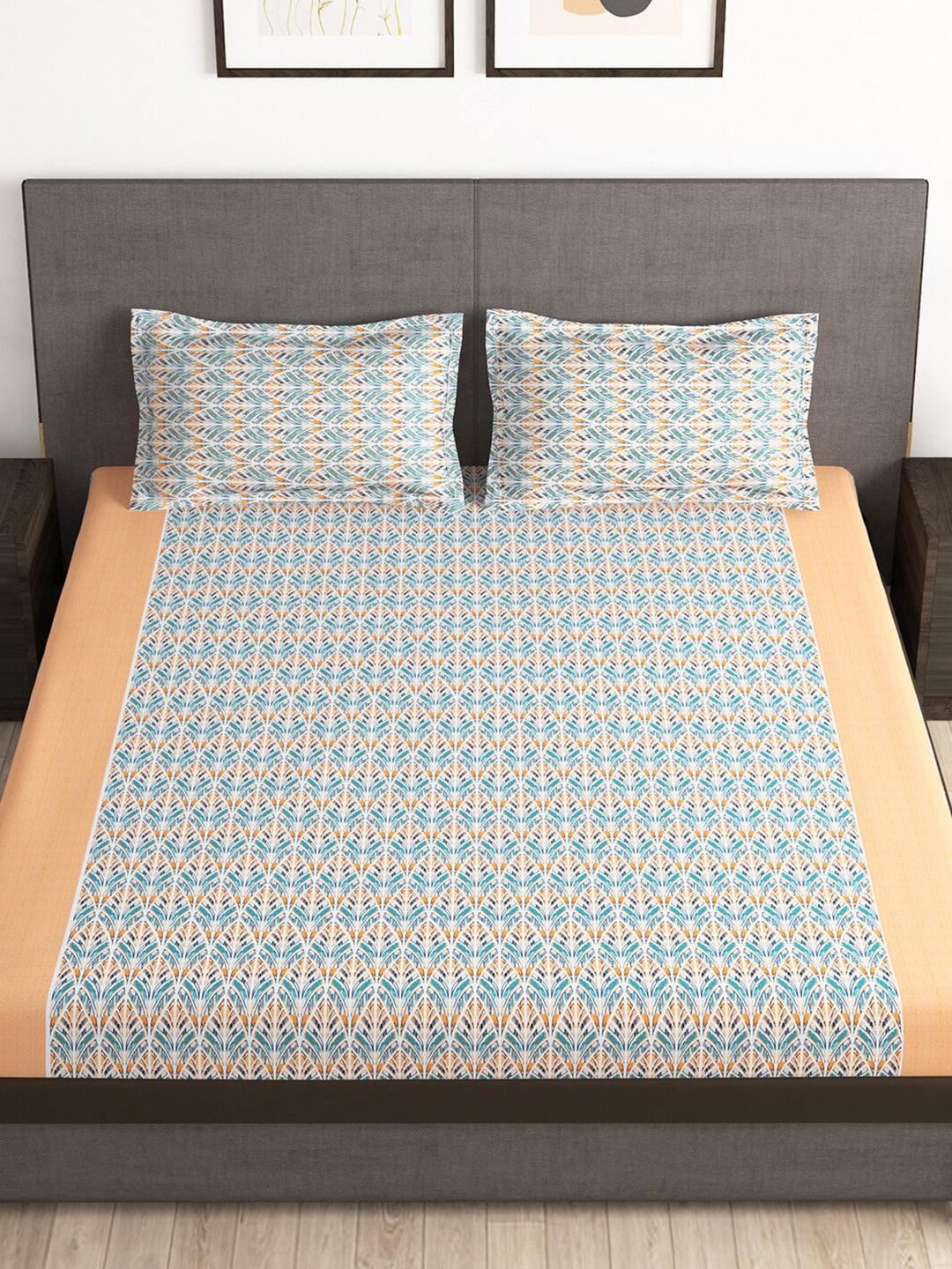 Story@home Tango Blue & White Printed 240 TC King Bedsheet with 2 Pillow Covers - Distacart
