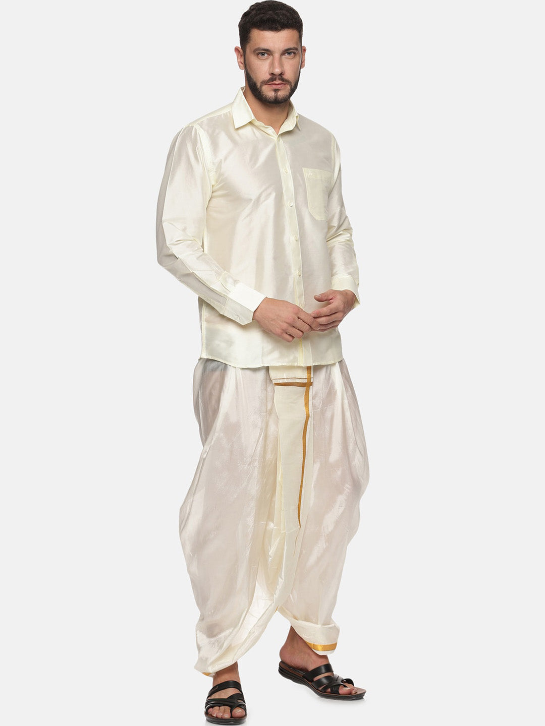 Sethukrishna Men Cream-Coloured & Golden Solid Silk Dhoti - Distacart