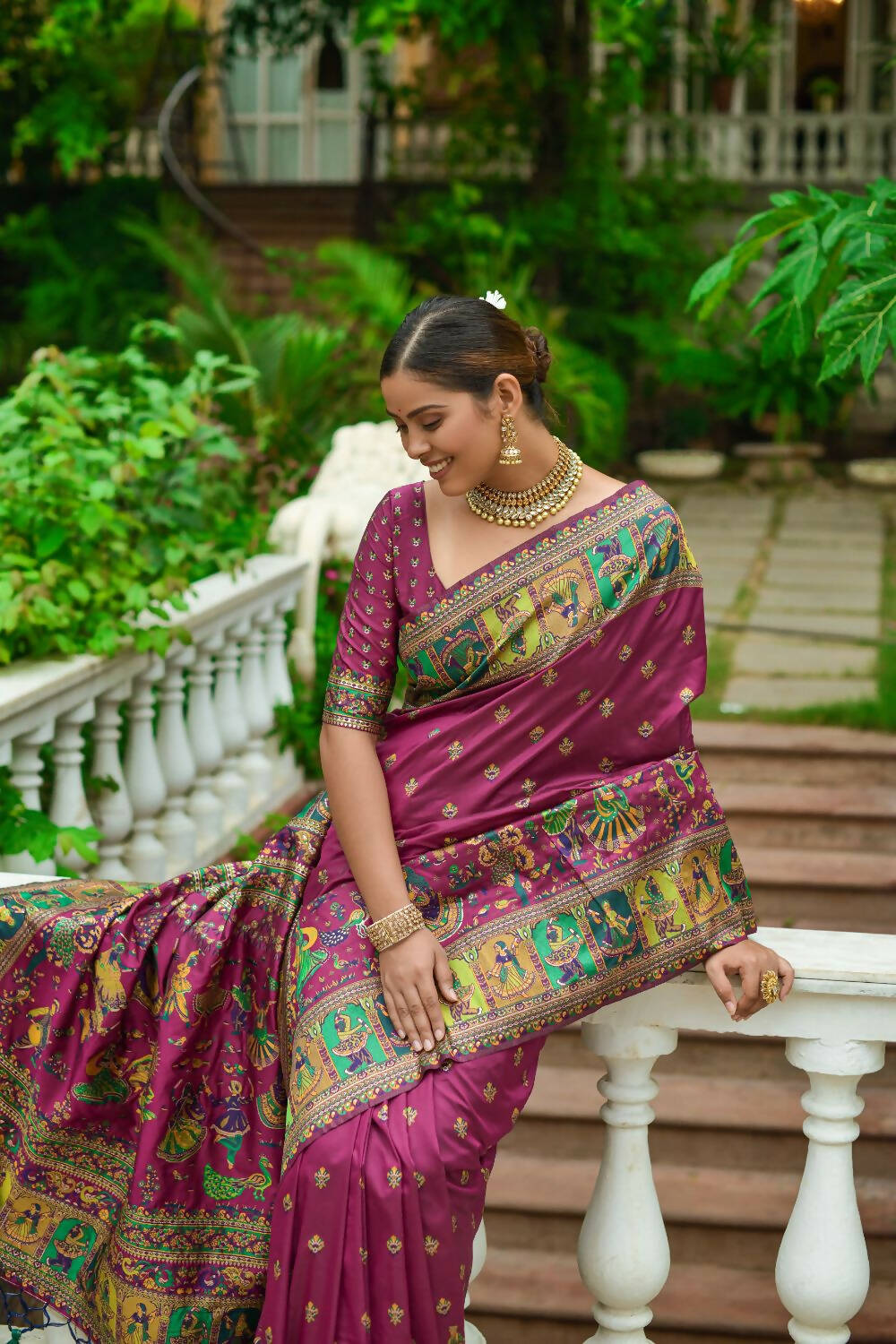 Vishnu Weaves Women's Wine Banarasi Silk Kashmiri Woven Saree with Blouse - Distacart