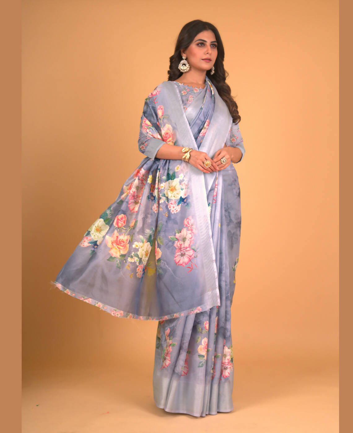 Grey Cotton Silk Floral Printed Saree With Unstitched Blouse Piece - Akshita - Distacart