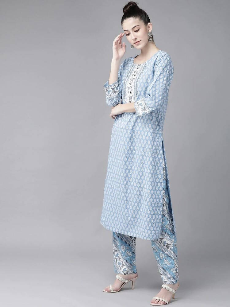 Yufta Women Blue and white printed kurta with Palazzo and Dupatta Set