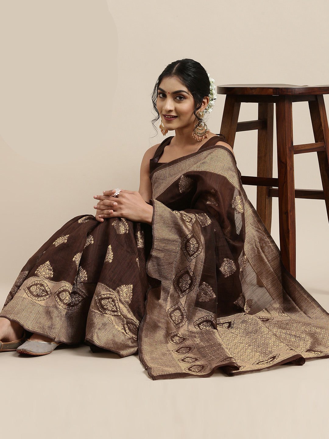 Saree Mall Brown Ethnic Motifs Linen Blend Banarasi Saree - Distacart