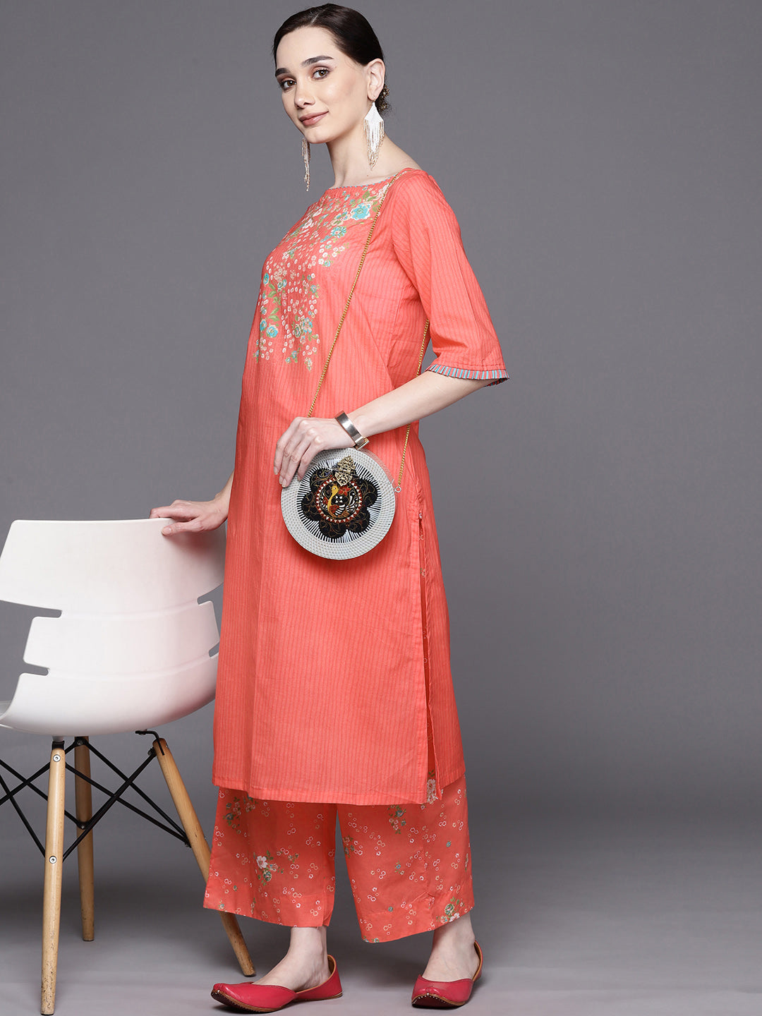 Biba Women Peach-Coloured Floral Yoke Design Pure Cotton Kurta with Palazzos - Distacart