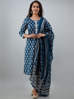 Thumbnail for Kalini Women Blue Floral Printed Gotta Patti Pure Cotton Kurta with Trousers & With Dupatta - Distacart