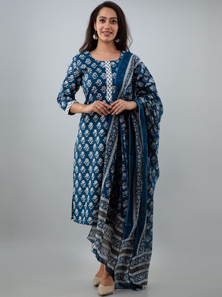 Kalini Women Blue Floral Printed Gotta Patti Pure Cotton Kurta with Trousers & With Dupatta - Distacart