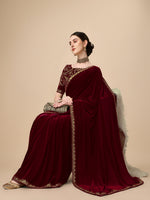 Thumbnail for Kalini Embroidered Border Lace Work Velvet Saree - Distacart