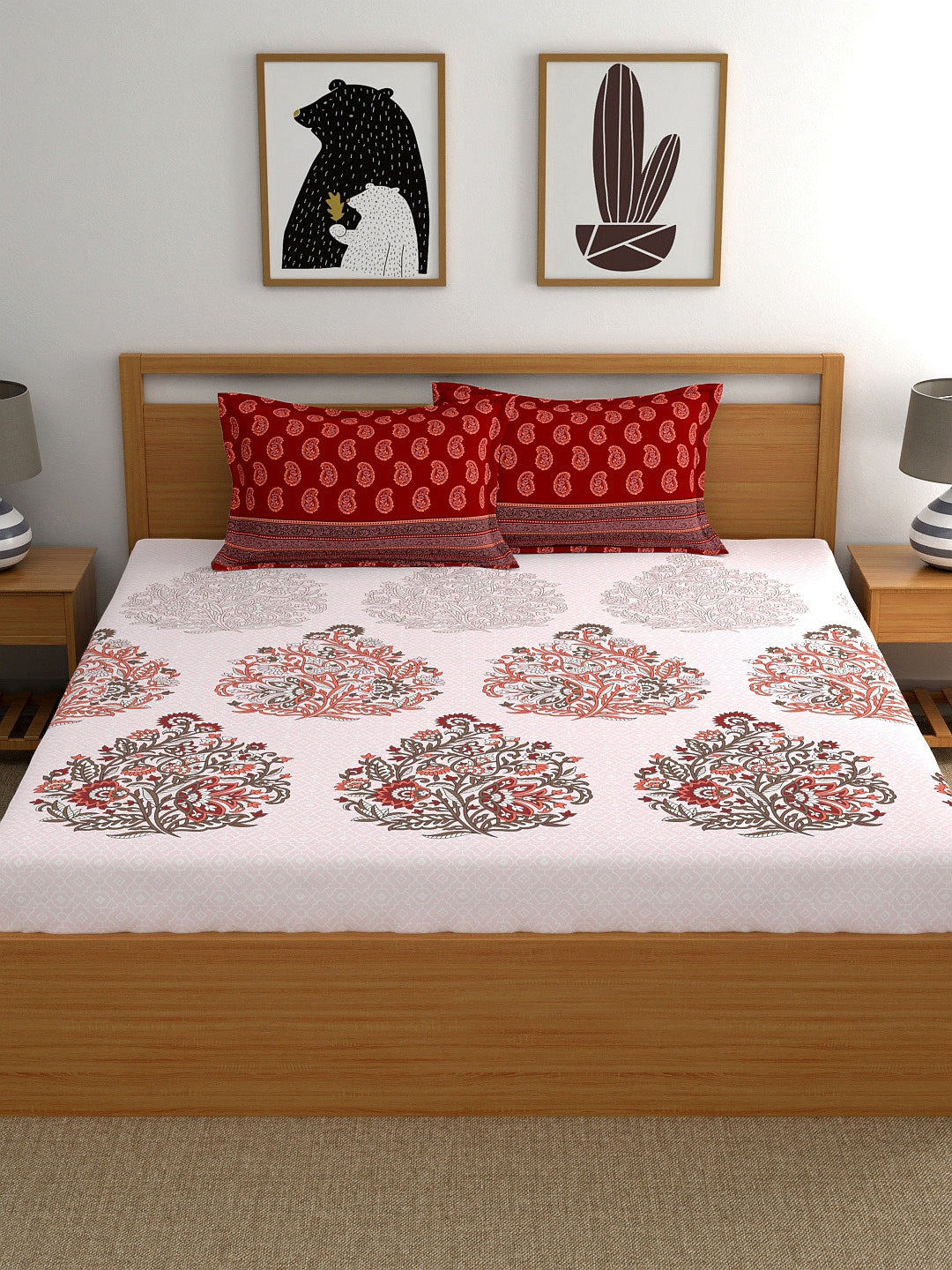 My Room Red & White Ethnic Motifs 140 TC King Bedsheet with 2 Pillow Covers - Distacart