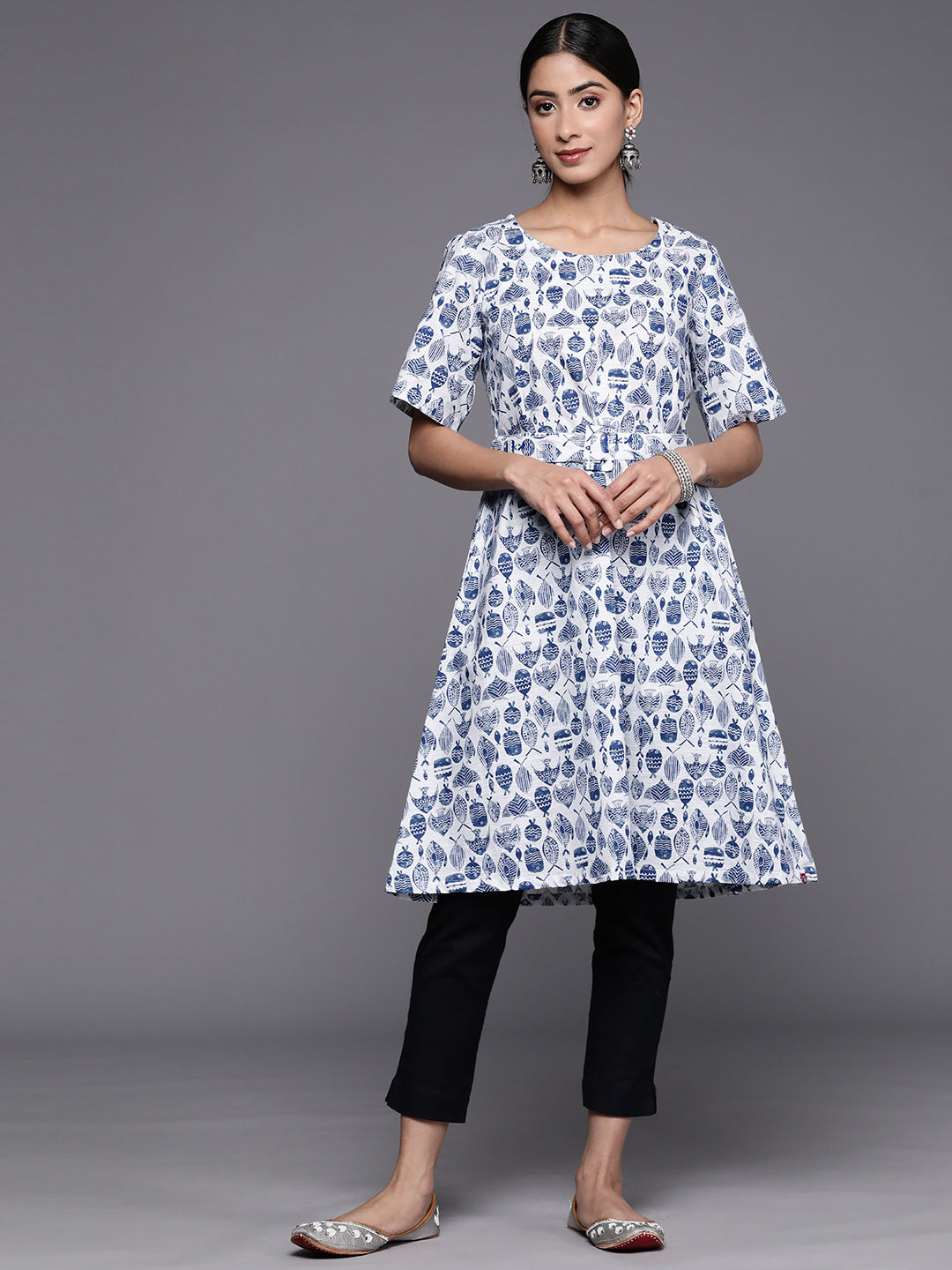 Biba Ethnic Motifs Printed Pure Cotton Kurta With Belt - Distacart