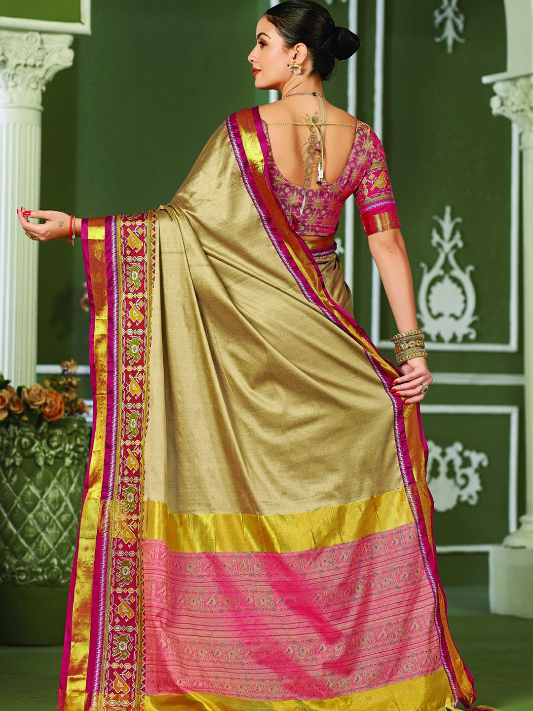 Mitera Beige & Pink Zari Pure Silk Banarasi Saree - Distacart