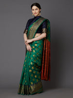 Thumbnail for Mitera Green & Gold-Toned Silk Blend Woven Design Banarasi Saree - Distacart
