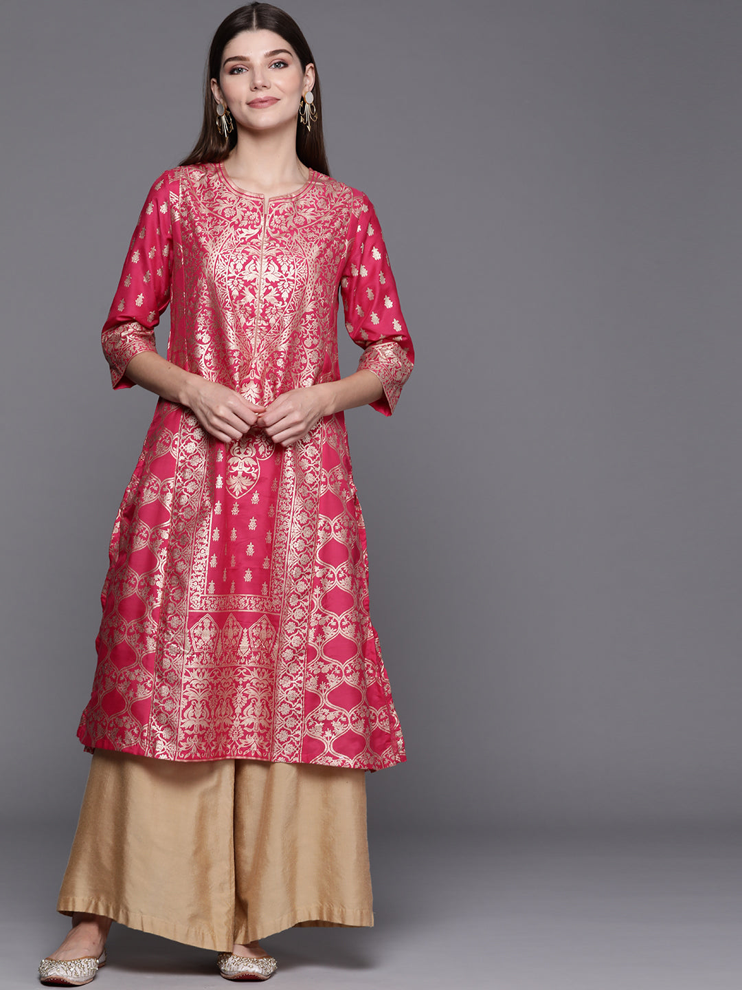 Biba Women Fuchsia & Gold-Toned Ethnic Motifs Kurta - Distacart