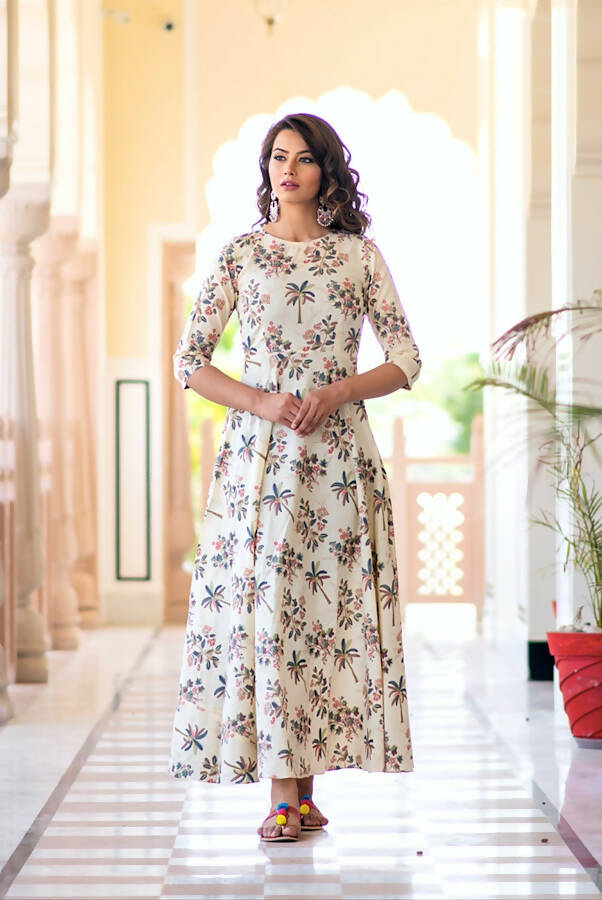 Partywear Designer Cream Pure Maslin Gown - Anbazaar - Distacart