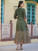 Thumbnail for Juniper Women Olive Chanderi Printed Maxi Dress with Embroidered Yoke - Distacart