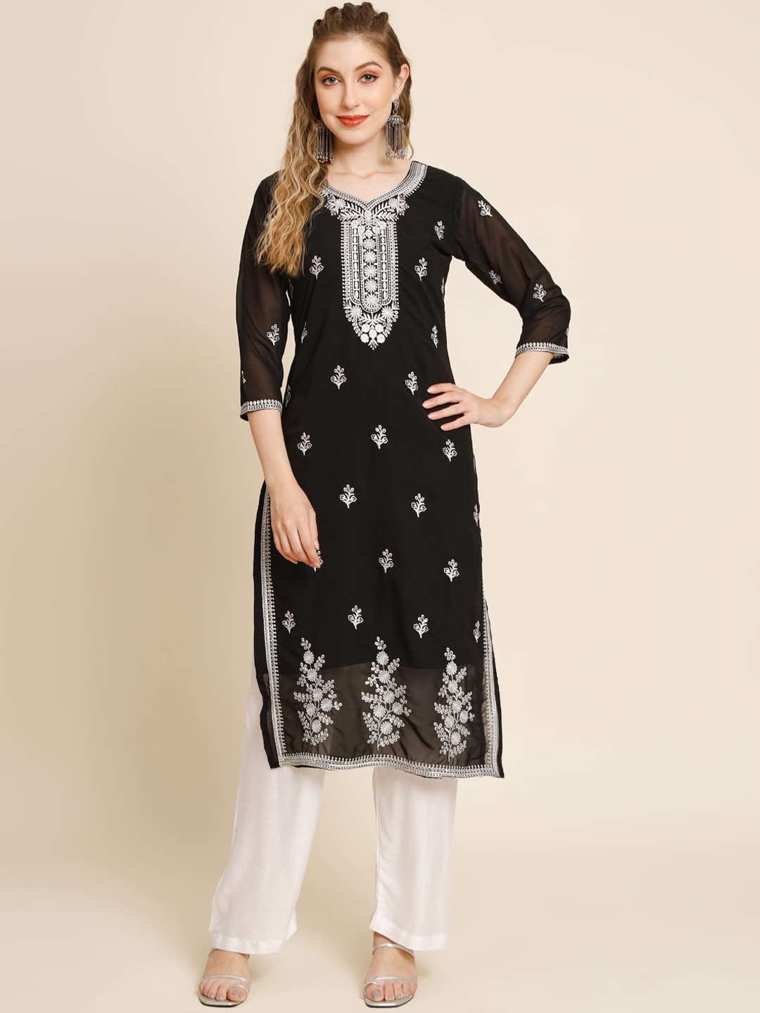 HERE&NOW Ethnic Motifs Embroidered Sequined Georgette Kurta - Distacart