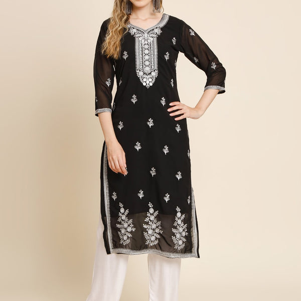 HERE&NOW Ethnic Motifs Embroidered Sequined Georgette Kurta - Distacart