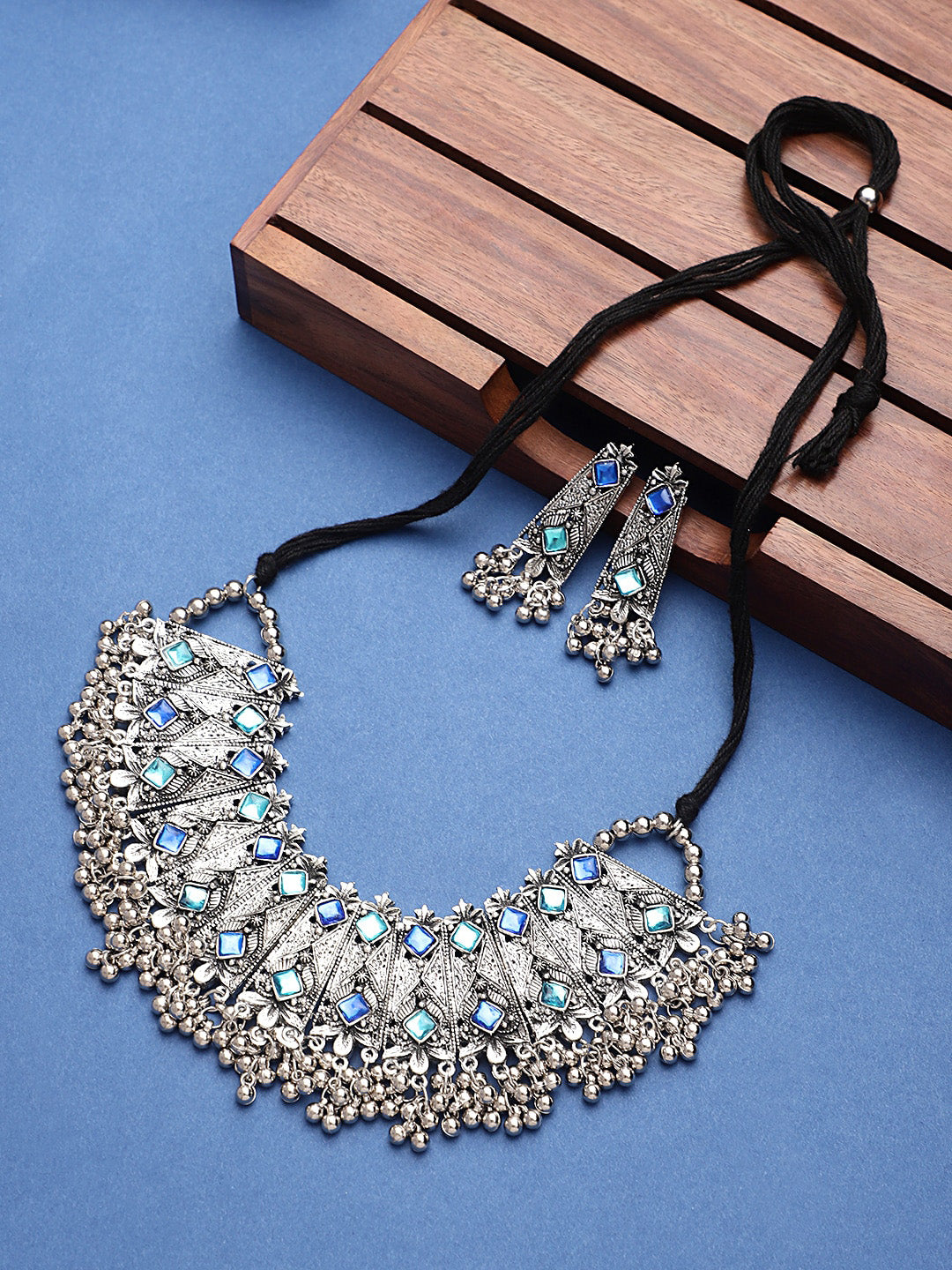 Cardinal Oxidised Silver-Toned & Blue Stones-Studded & Beaded Jewellery Set - Distacart