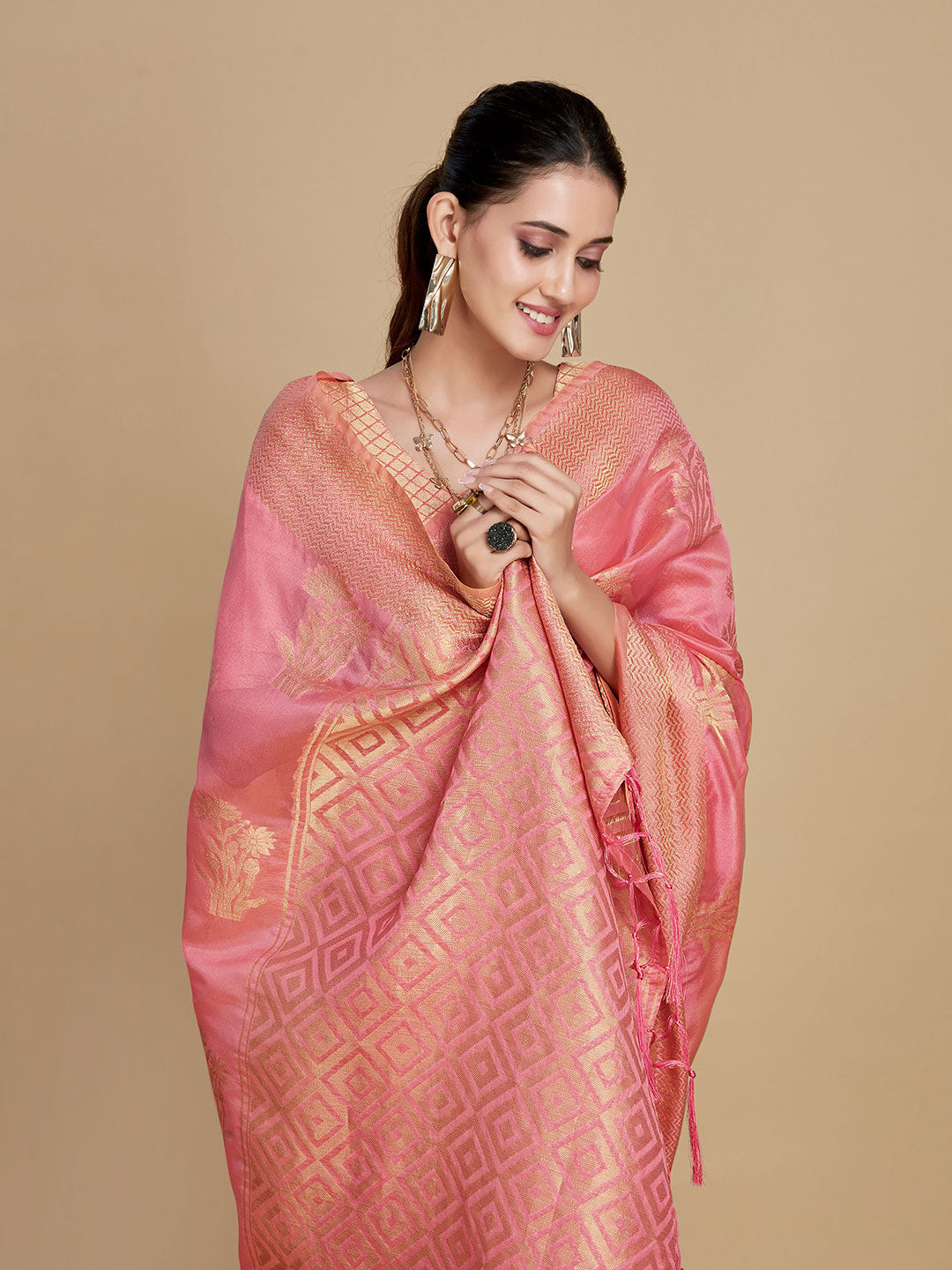 Sangria Pink Woven Design Organza Saree - Distacart