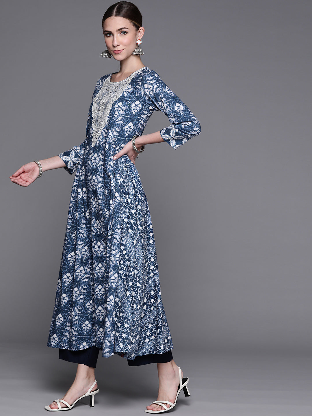 Biba Women Navy Blue & Off White Ethnic Motifs Dyed Thread Work Anarkali Kurta - Distacart