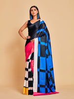 Thumbnail for Sangria Blue & Black Striped Satin Ready to Wear Saree - Distacart