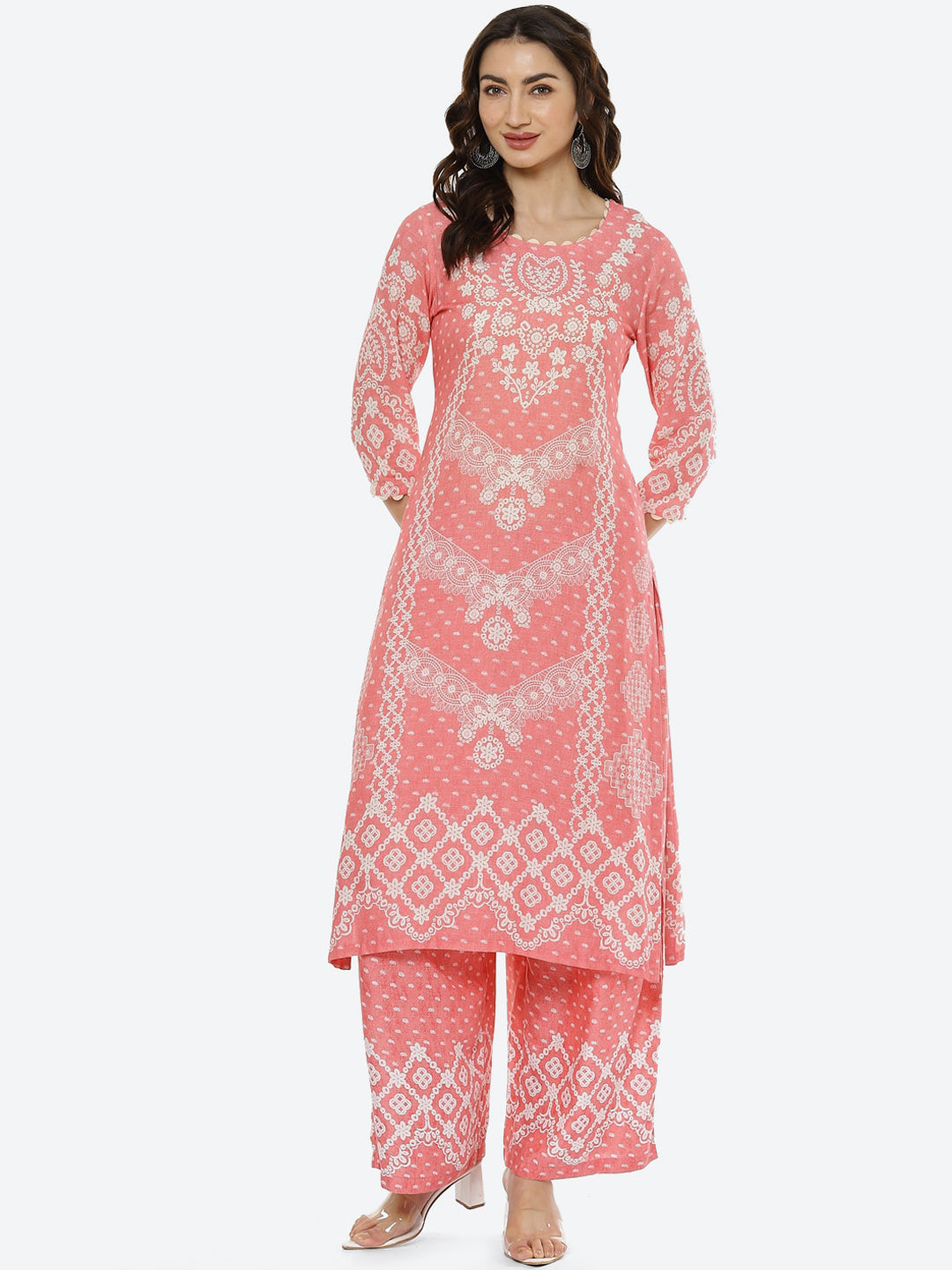 Biba Women Pink & White Ethnic Motifs Printed Kurta - Distacart