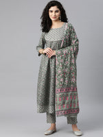 Thumbnail for Kalini Women Green Floral Printed Gotta Patti Pure Cotton Kurta With Trousers & Dupatta - Distacart