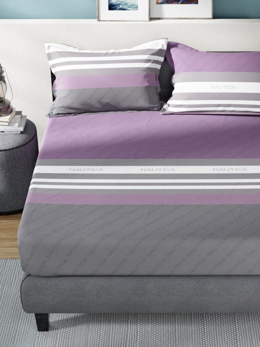 Nautica Bradford Purple & Grey Striped 160 TC Pure Cotton King Bedsheet & 2 Pillow Covers - Distacart