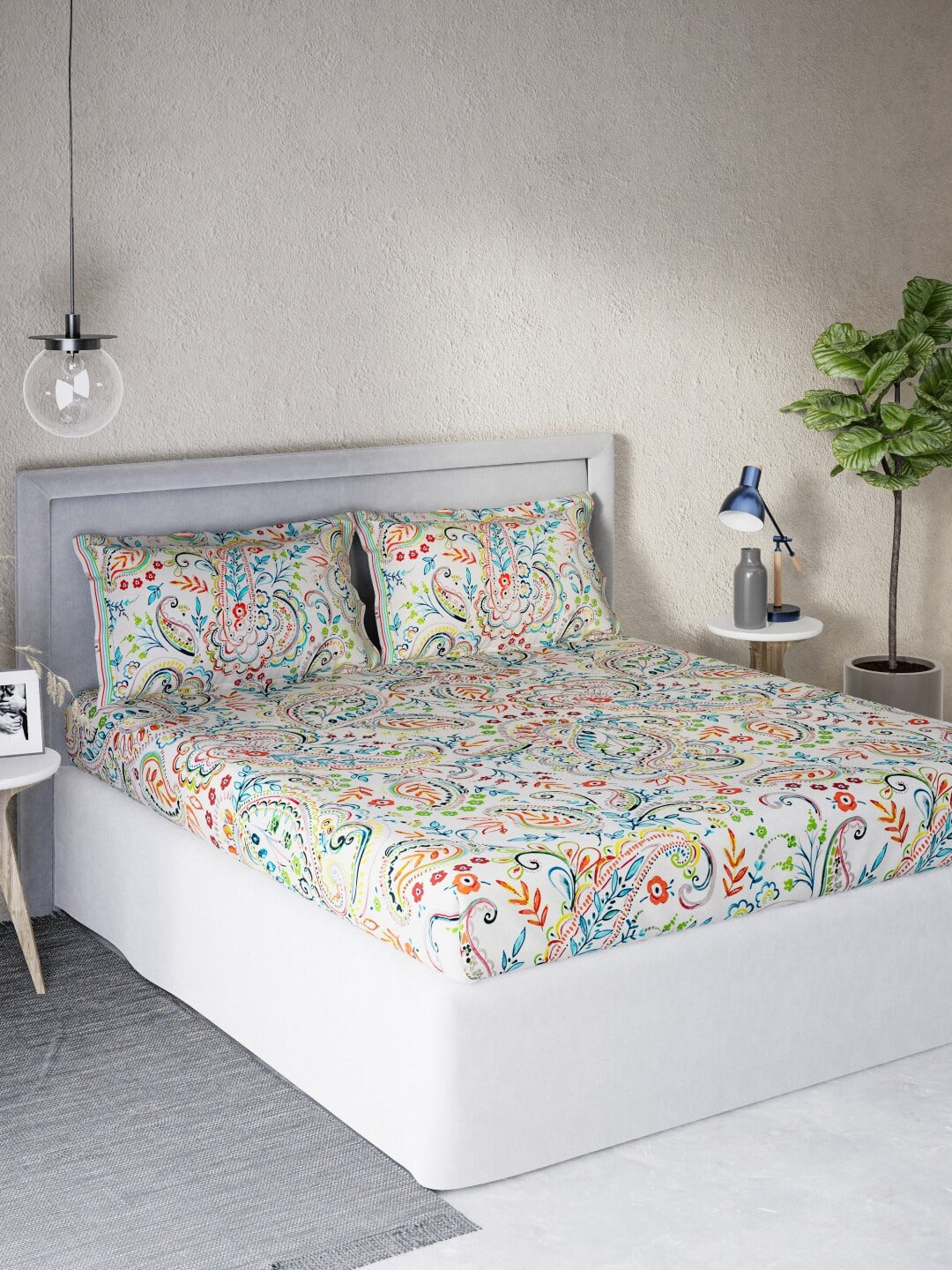 DDecor White & Turquoise Blue Motifs 140 TC Cotton Queen Bedsheet with 2 Pillow Covers - Distacart