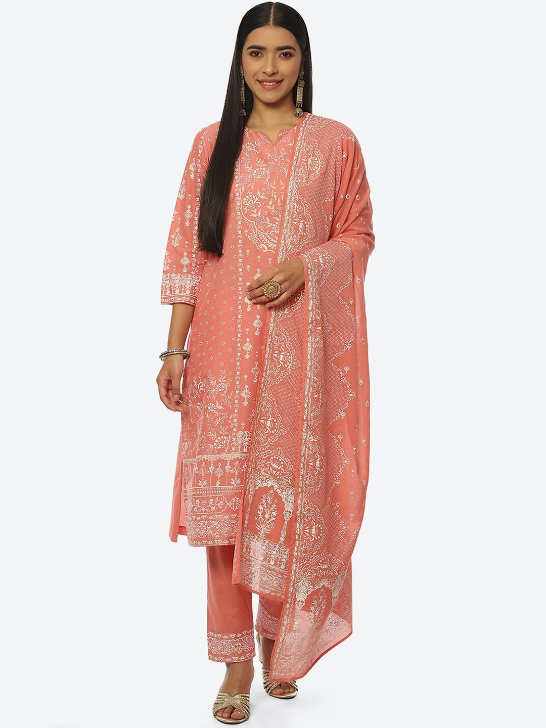 Biba Women Plus Size Ethnic Motifs Printed Kurta with Trousers & Dupatta - Distacart