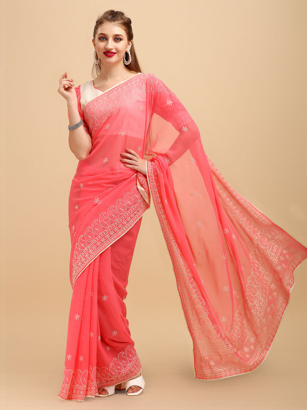 Sangria Rose & Gold-Toned Floral Chikankari Silk Blend Saree - Distacart