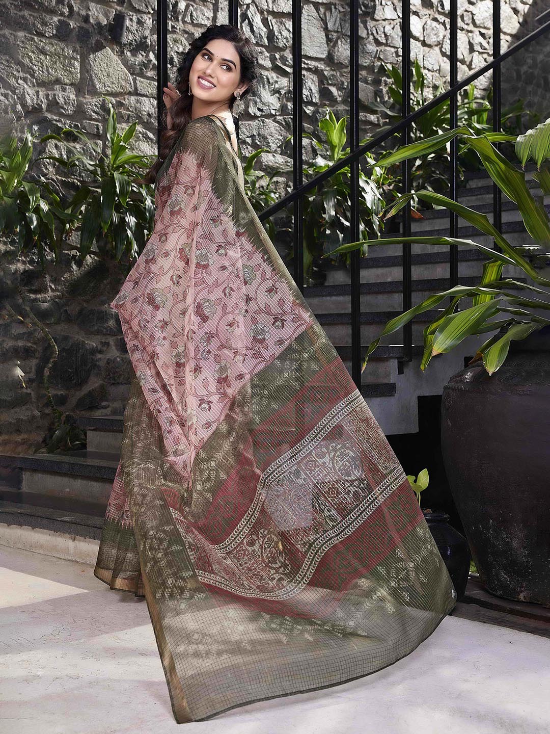 Kalini Pink & Green Floral Zari Organza Saree - Distacart