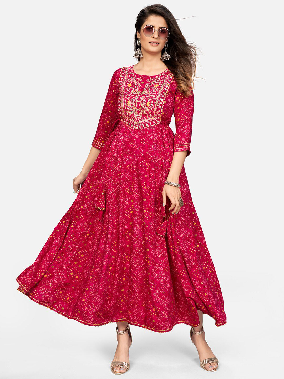 Kalini Women Pink Bandhani Printed Mirror Work Anarkali Kurta - Distacart