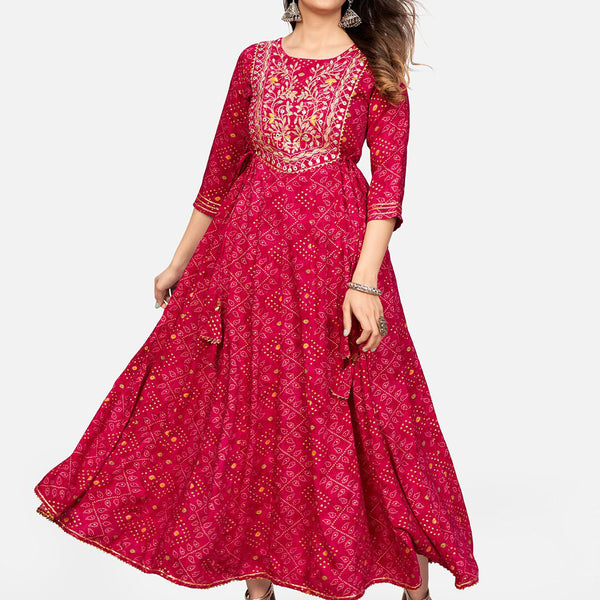 Kalini Women Pink Bandhani Printed Mirror Work Anarkali Kurta - Distacart