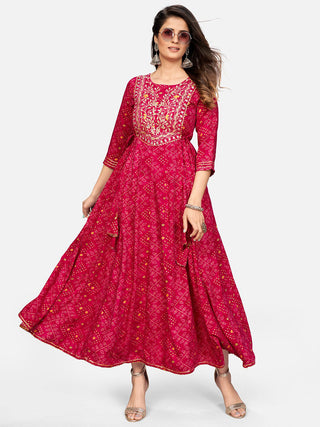Kalini Women Pink Bandhani Printed Mirror Work Anarkali Kurta - Distacart