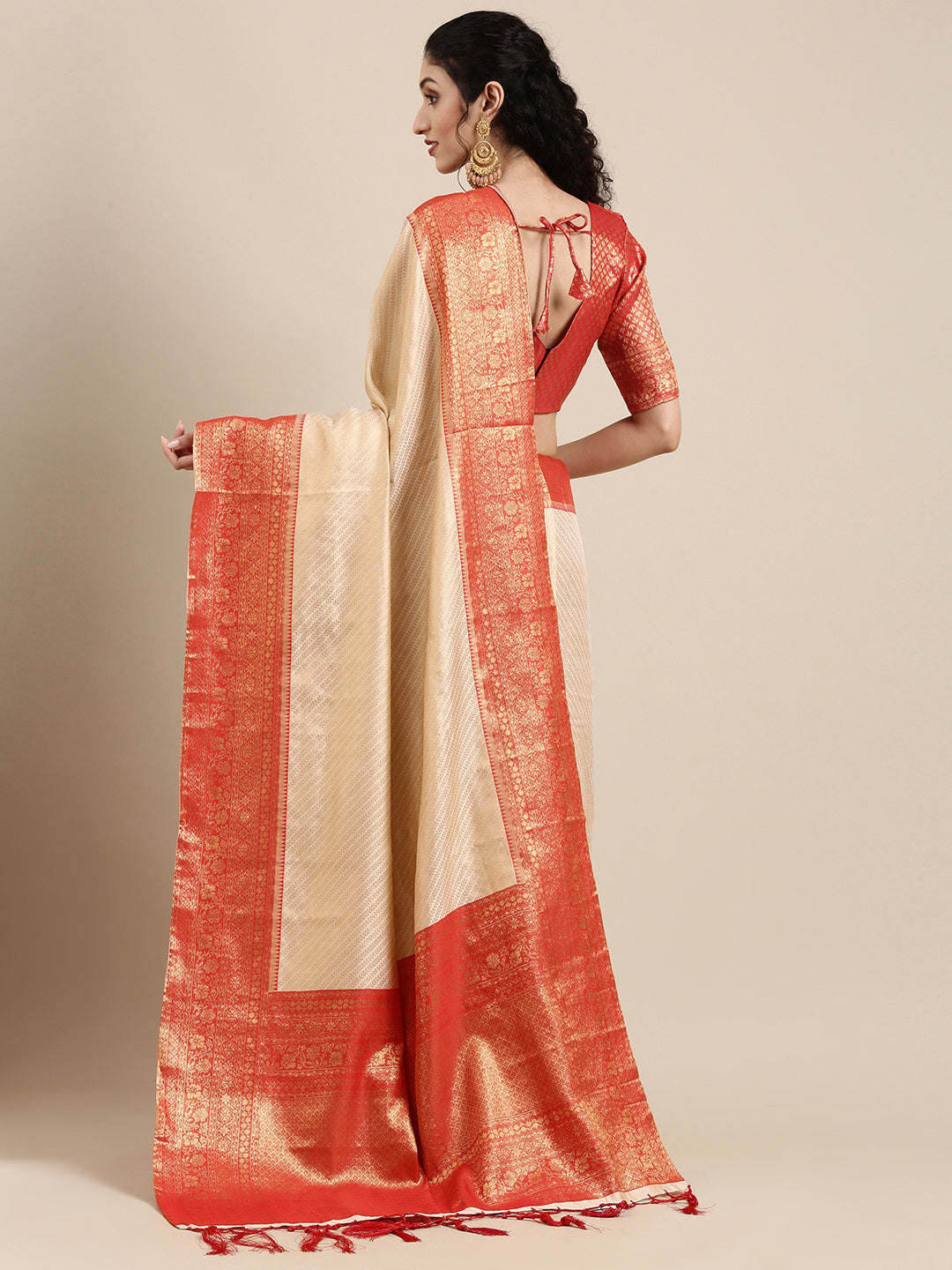 Saree Mall Off White & Red Woven Design Zari Silk Blend Banarasi Saree - Distacart