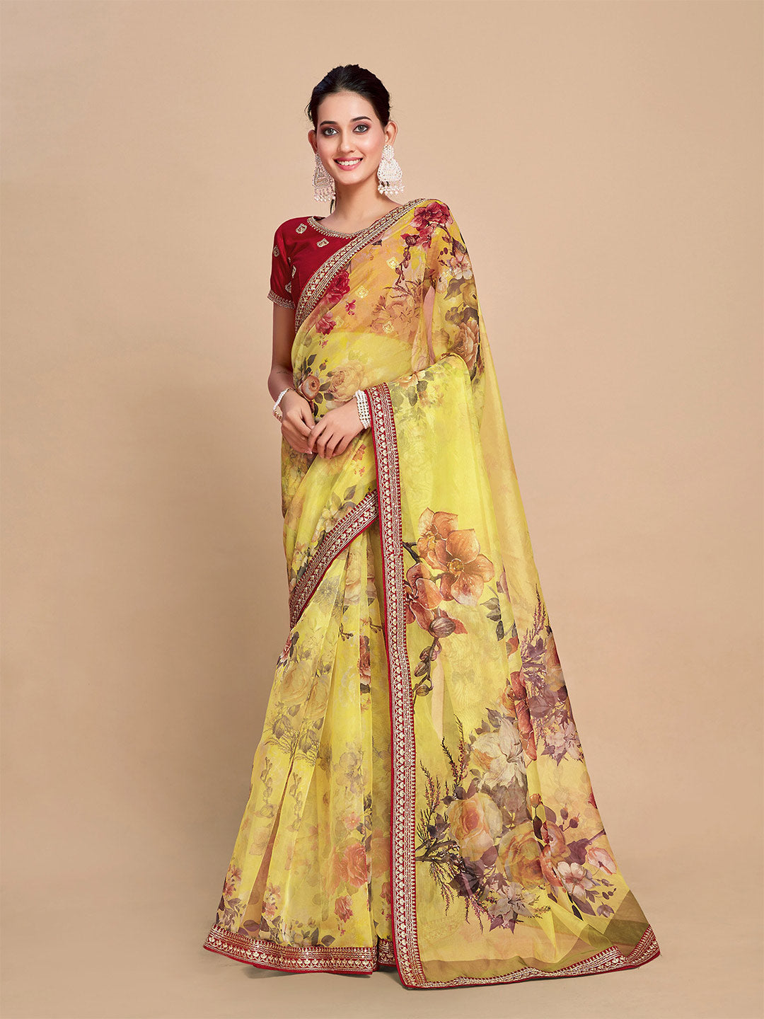 Sangria Floral Printed Embroidered Organza Saree - Distacart