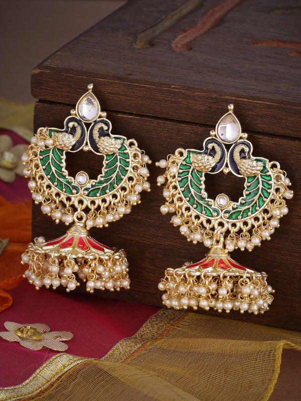 Shoshaa Gold-Plated Green Enamelled Peacock Shaped Jhumkas - Distacart